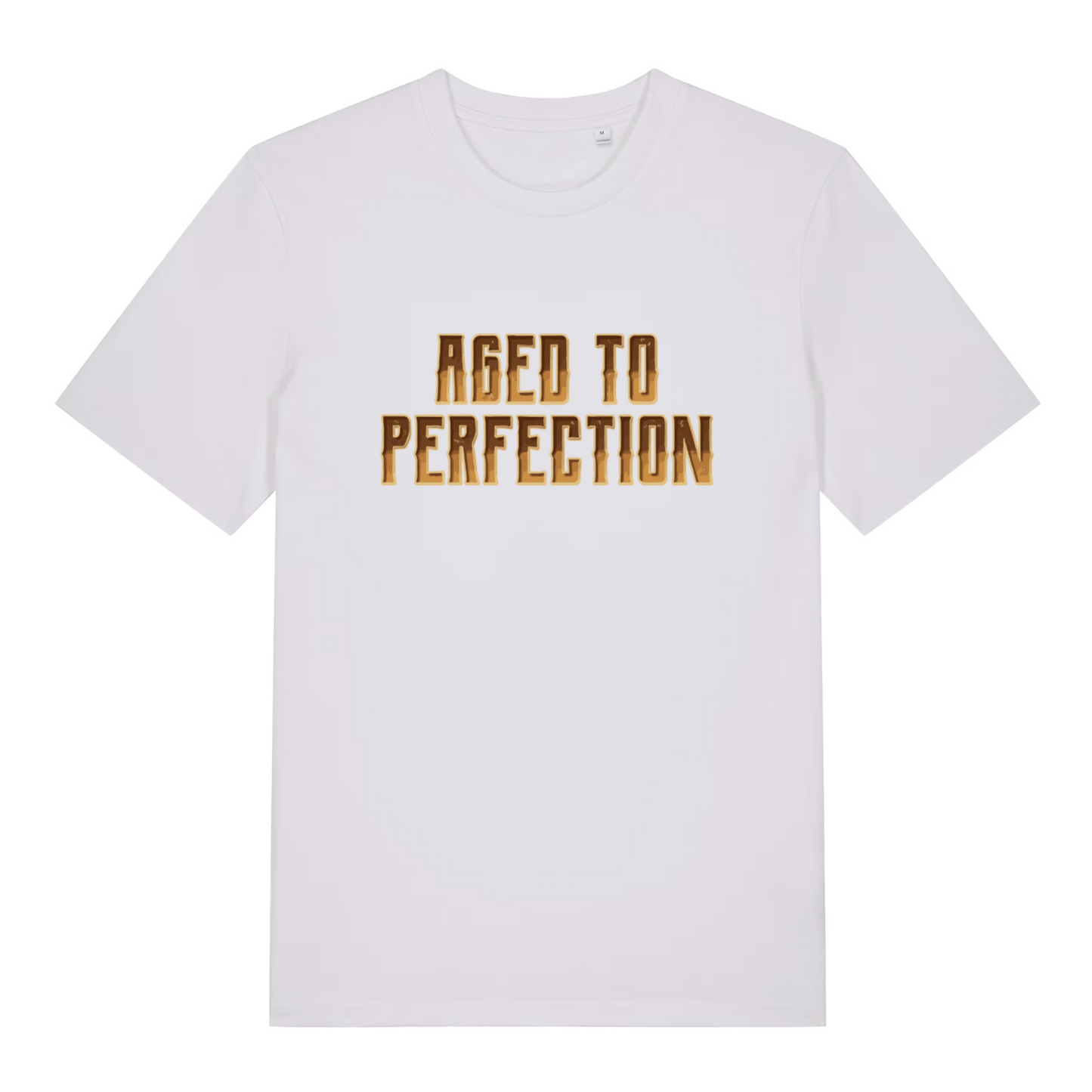 White "Aged to Perfection" funny t-shirt flat lay, witty aged to perfection slogan sustainable vegan organic cotton UK printed