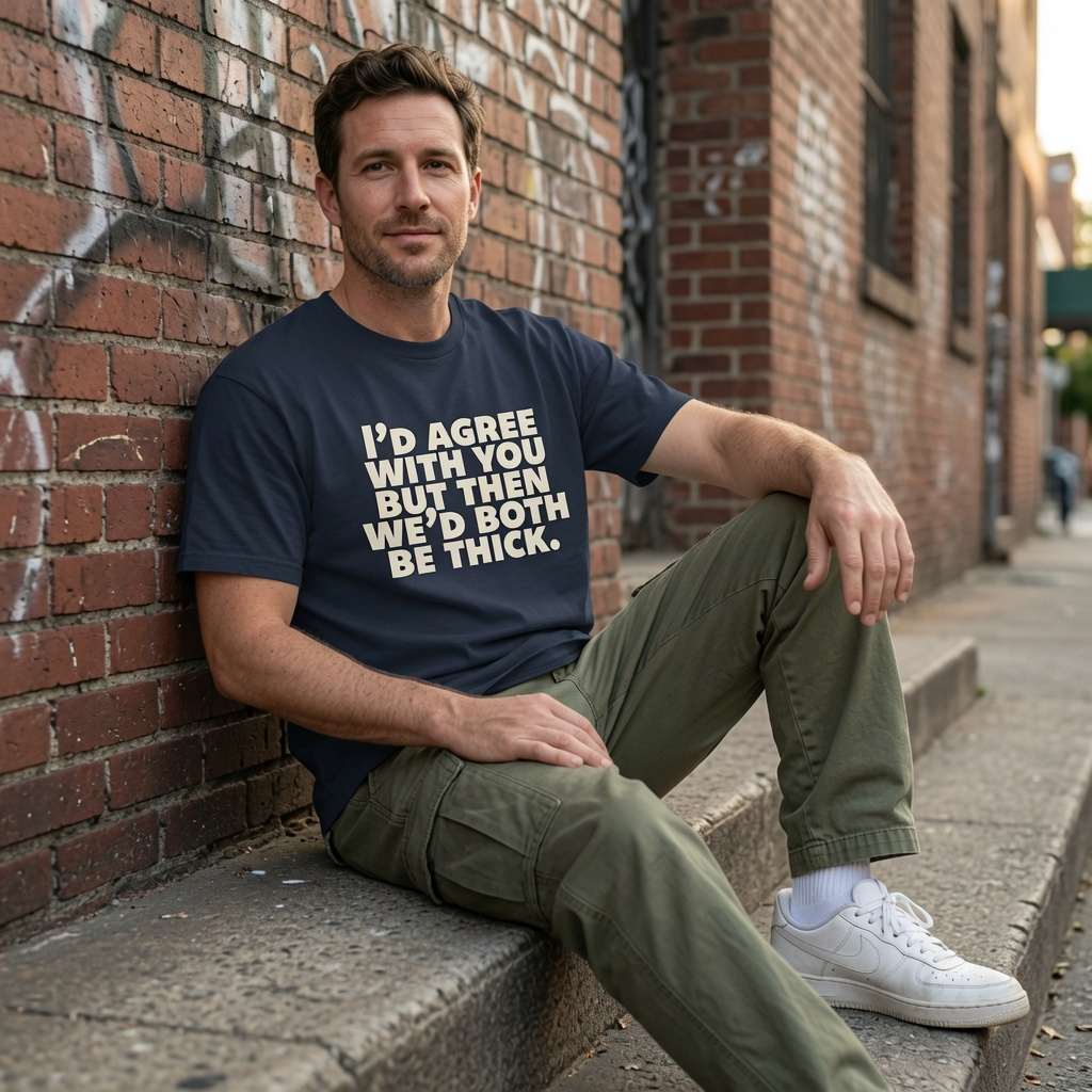 Man in navy I’d Agree With You But Then We’d Both Be Thick tee sat against graffiti wall, rude witty slogan gift