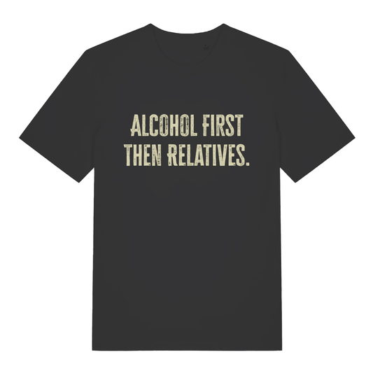 Black "Alcohol First Then Relatives" funny Christmas t-shirt flat lay, cheeky Xmas slogan organic cotton tee printed in UK