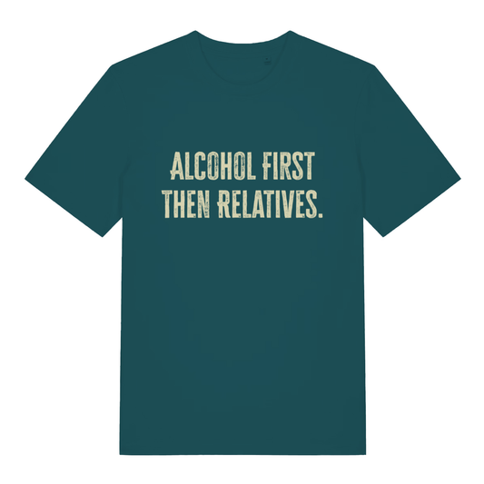 Green women's "Alcohol First Then Relatives" festive funny t-shirt flat lay, rude Christmas banter slogan organic cotton ladies tee UK