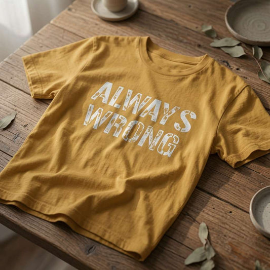 Ochre Always Wrong slogan t-shirt on rustic wood, matching banter mens tee