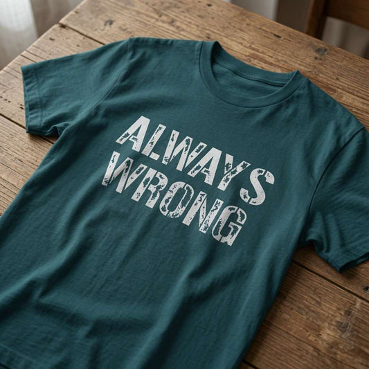 Green Always Wrong slogan t-shirt on wooden table, funny couples matching tee