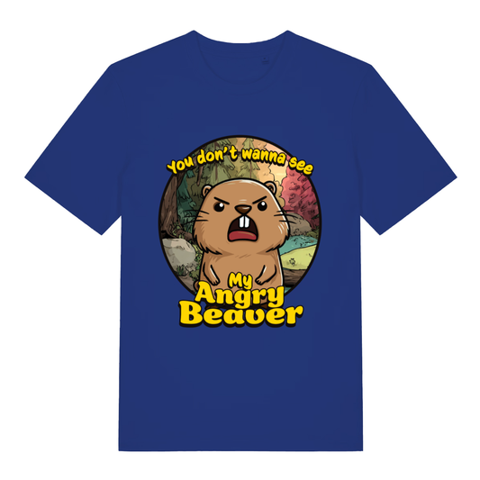 Blue "Angry Beaver" witty rude animal t-shirt flat lay, funny cartoon beaver pun graphic organic cotton tee printed in UK