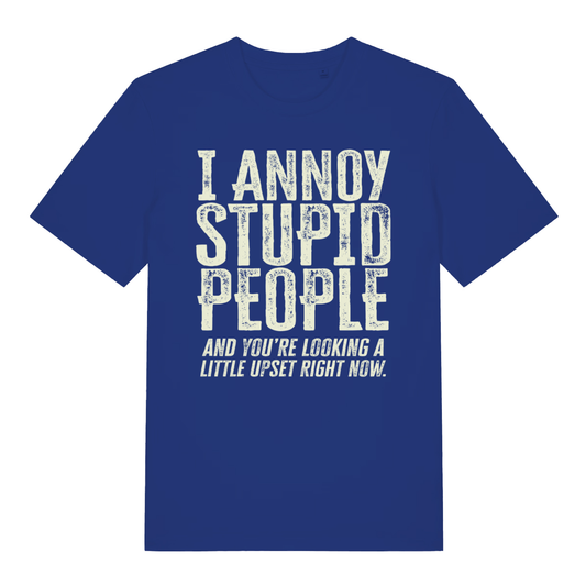 Blue "I Annoy Stupid People" cheeky put down t-shirt flat lay, humorous sarcastic slogan graphic organic cotton tee UK
