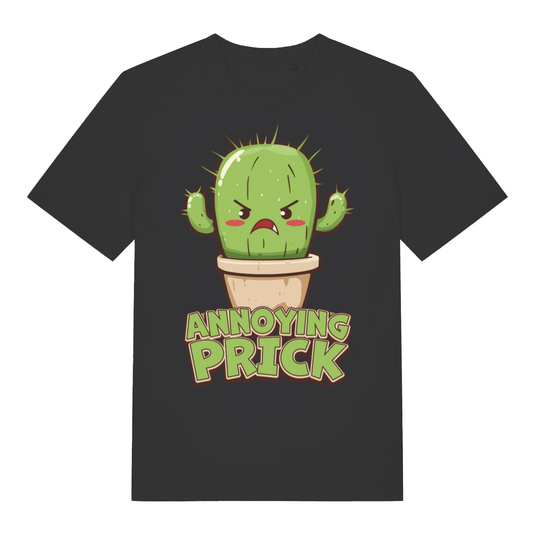 Black "Annoying Prick" funny cactus t-shirt flat lay, cheeky cartoon plant pun graphic organic cotton tee printed in UK