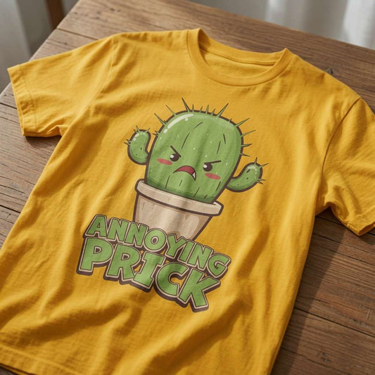 Yellow Annoying Prick cactus t-shirt on wooden table, funny rude mens plant graphic tee
