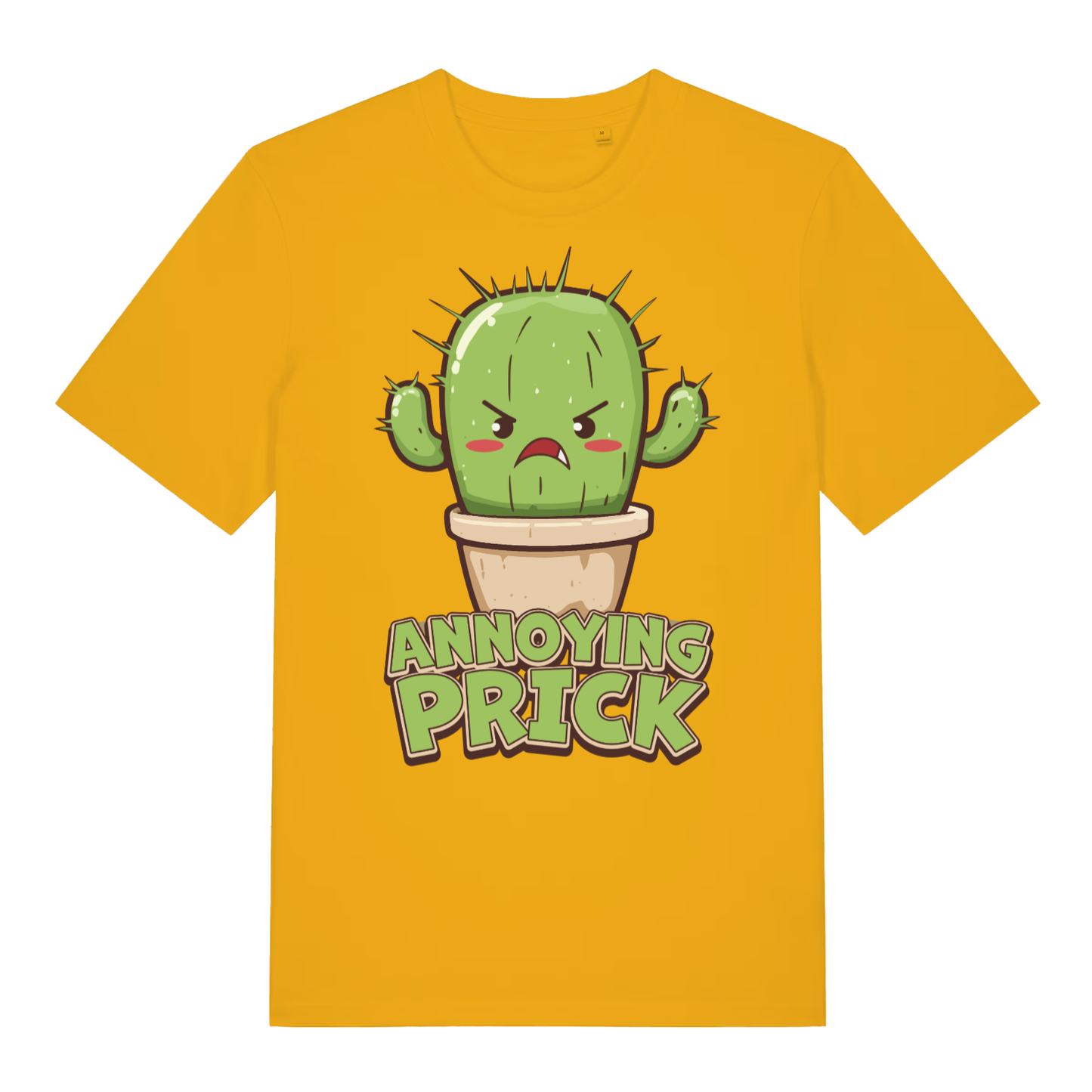 Yellow women's "Annoying Prick" humorous cactus t-shirt flat lay, rude plant pun slogan organic cotton funny ladies tee UK