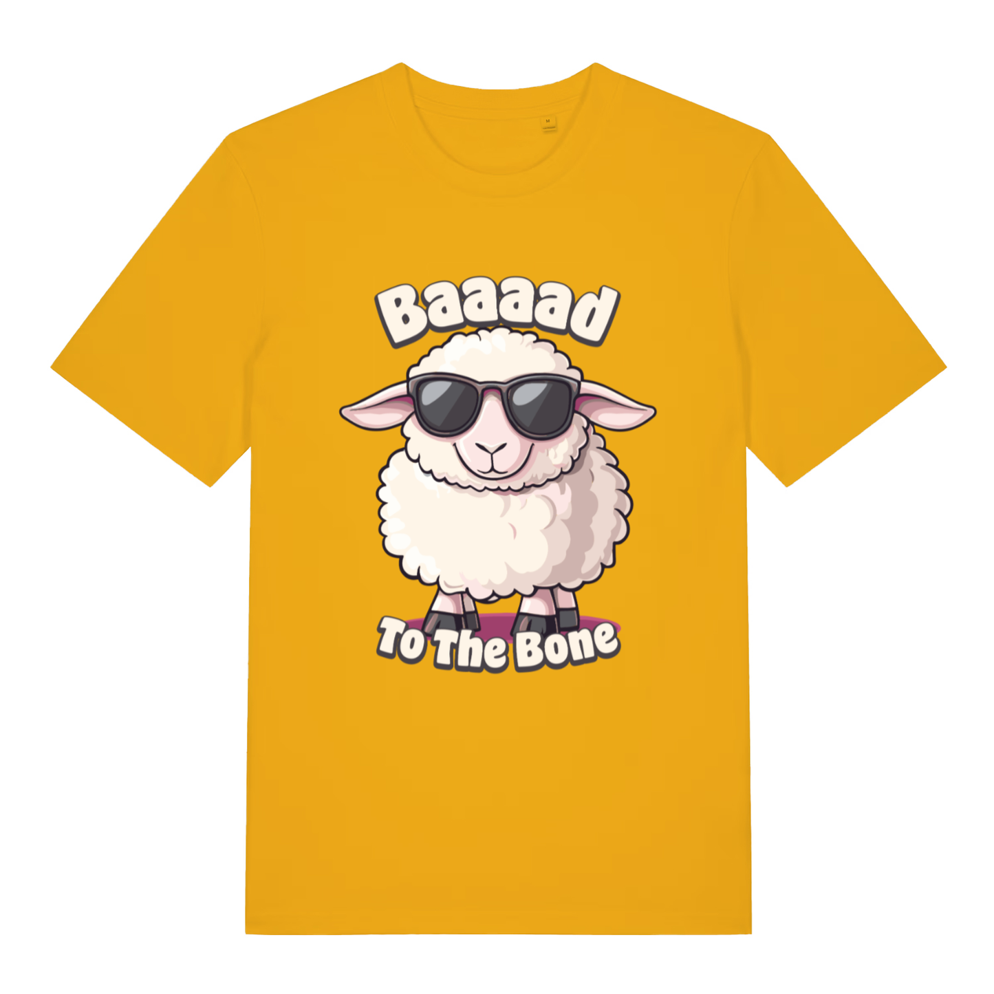 Yellow "Baaaad To The Bone" funny sheep t-shirt flat lay, cheeky animal pun graphic organic cotton tee UK