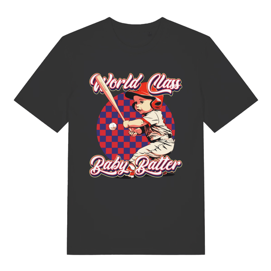 Black "World Class Baby Batter" funny baseball t-shirt flat lay, cheeky baby batter graphic organic cotton men's tee printed in UK