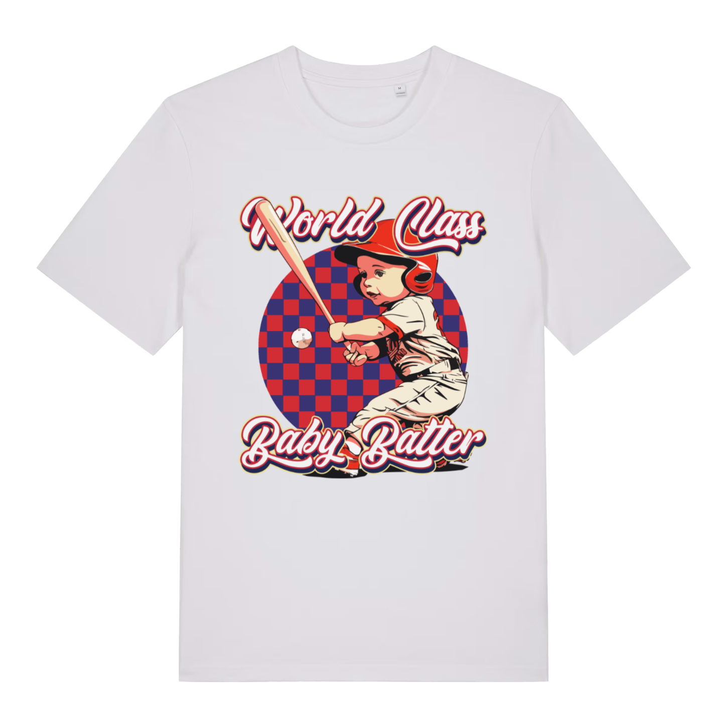 White "World Class Baby Batter" funny rude t-shirt flat lay, cheeky baby batter illustration organic cotton tee UK