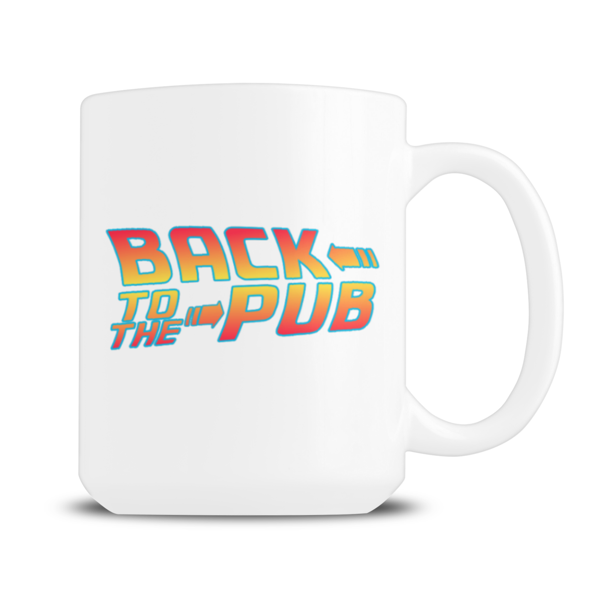 A white ceramic coffee mug featuring a retro-style 'BACK TO THE PUB' graphic in red, orange, and yellow with blue outlines, shown on a clean white background.