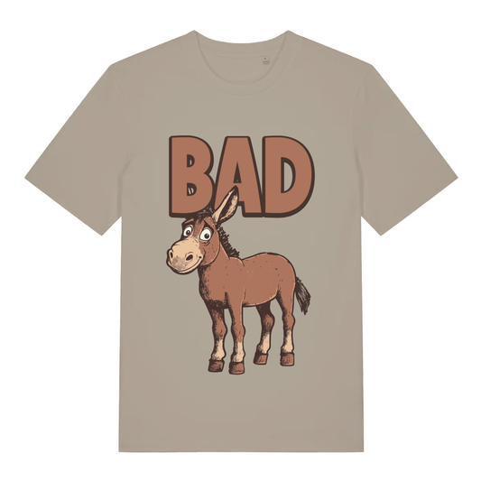 Beige "BAD Ass" funny donkey t-shirt flat lay, cheeky animal pun graphic organic cotton men's tee printed in UK