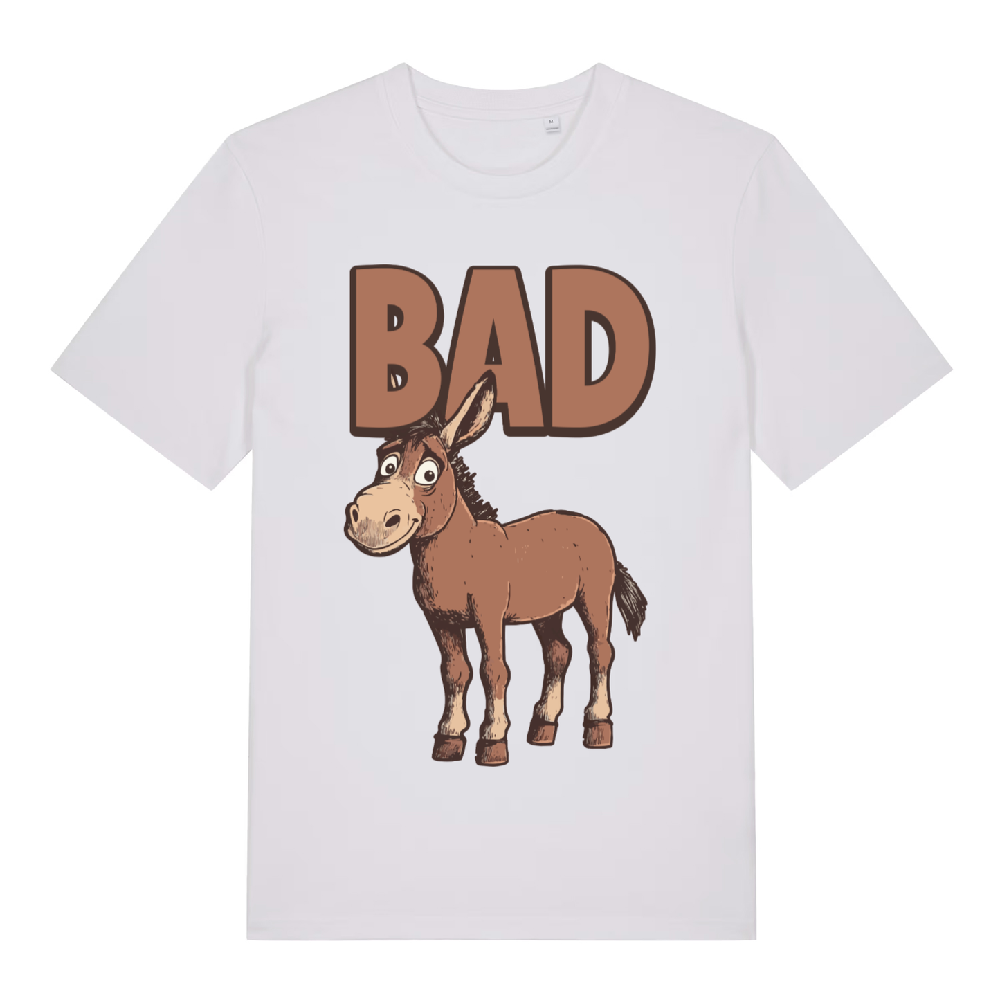White women's "BAD Ass" funny donkey t-shirt flat lay, humorous ass pun graphic organic cotton ladies tee printed in UK