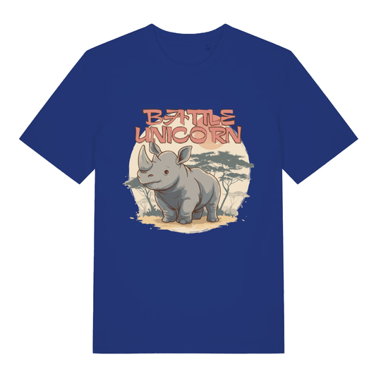 Blue "Battle Unicorn" witty rhino t-shirt flat lay, cute battle unicorn pun graphic organic cotton tee UK