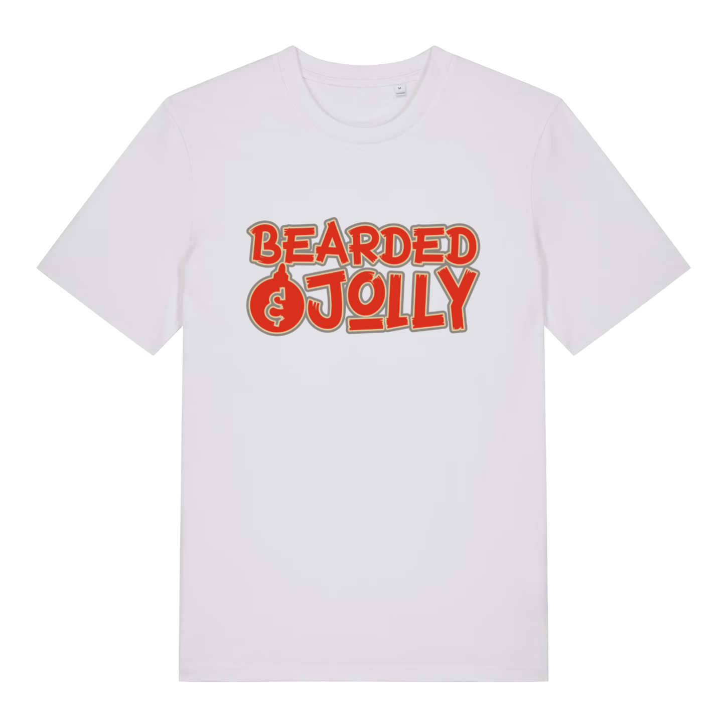 White Bearded & Jolly T-shirt flat lay displaying bold red and gold text design perfect for holiday banter and bearded men