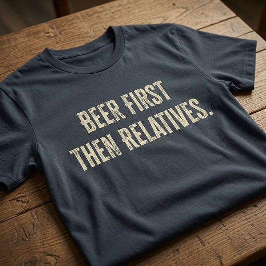Ink grey Beer First Then Relatives t-shirt on wood, ladies relatable xmas party banter tee