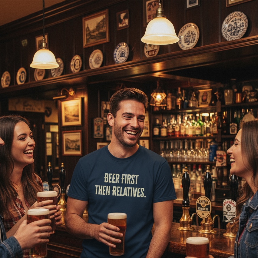 People in a bar with a man wearing a 'Beer First Then Relatives' shirt holding a beer.