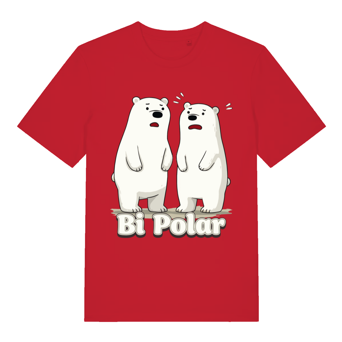 Red Bi Polar T-shirt flat lay displaying funny polar bear pun design on vibrant red cotton for cheeky Christmas or everyday wear