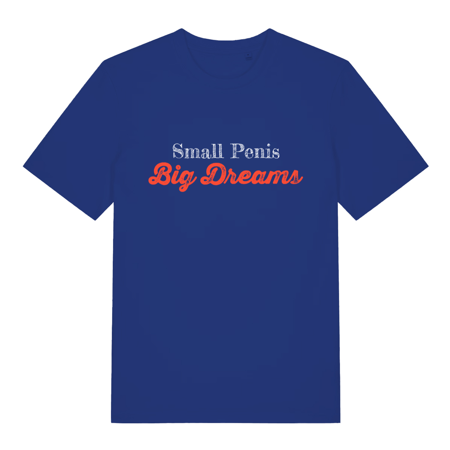 Blue Small Penis Big Dreams T-shirt flat lay showing bold funny crude slogan ideal witty pub humour top for men