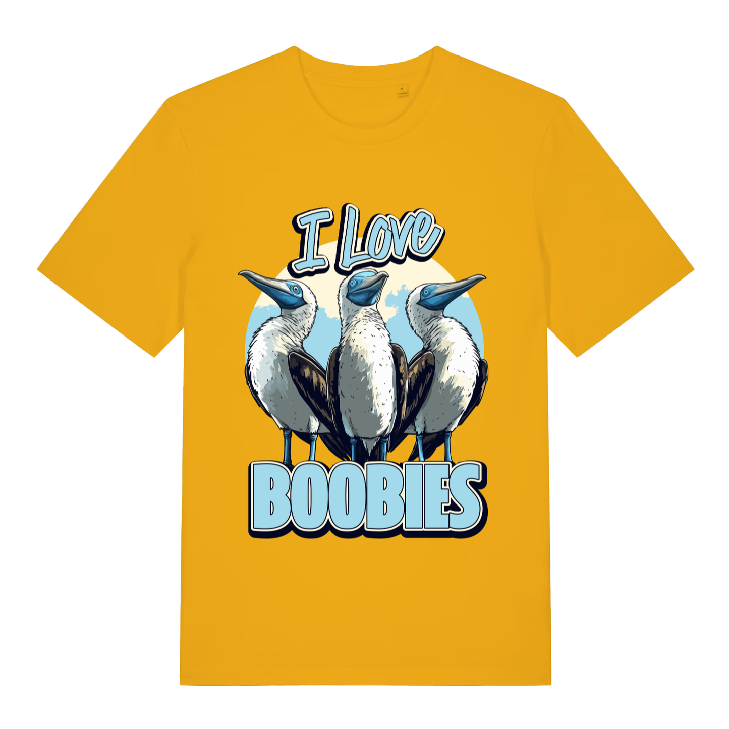 Yellow I Love Boobies T-shirt flat lay showing humorous blue-footed boobies design with bold "I Love Boobies" lettering