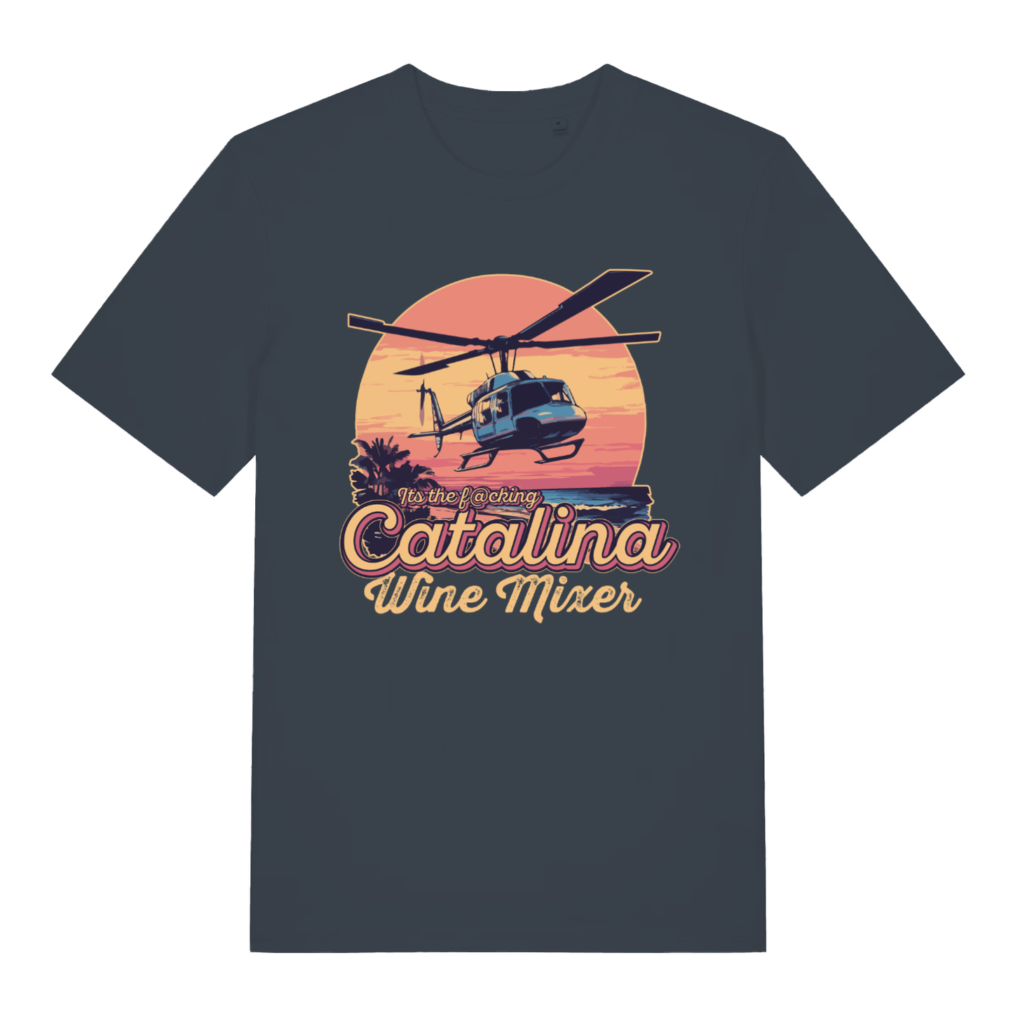 Ink grey Catalina Wine Mixer T-shirt flat lay with bold retro Catalina Wine Mixer slogan and graphic