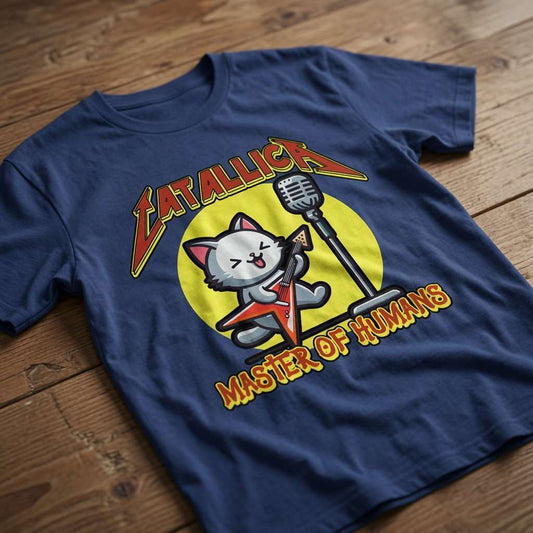 Blue Catallica Master of Humans t-shirt on wood, fun cheeky rocking cat guitar music inspired tee