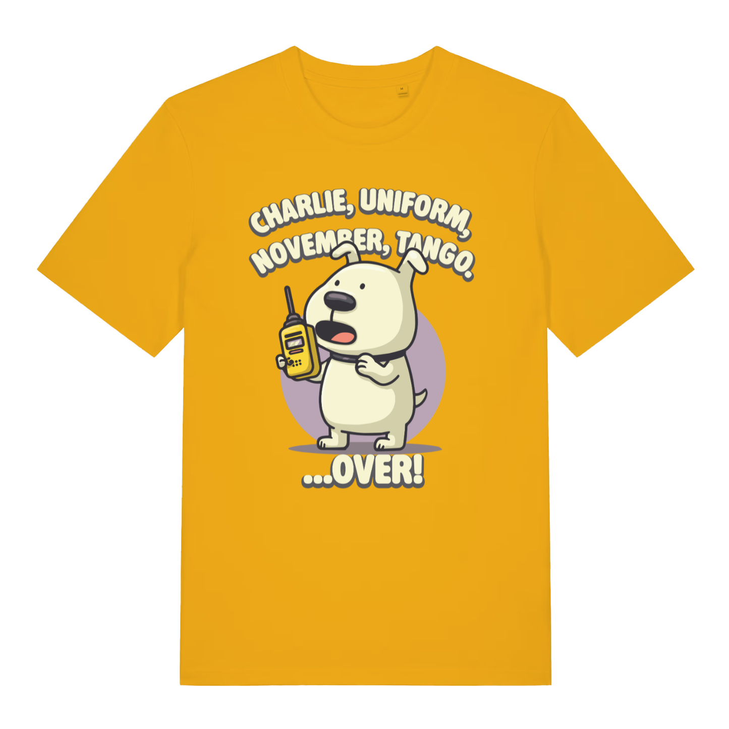 Yellow Charlie Dog T-shirt flat lay with vibrant funny dog walkie-talkie "OVER" pun
