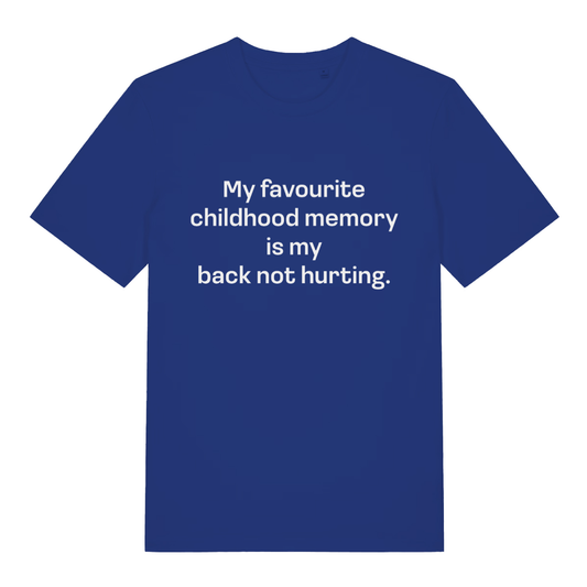 Blue Childhood Memory T-shirt flat lay featuring relatable getting old witty text design