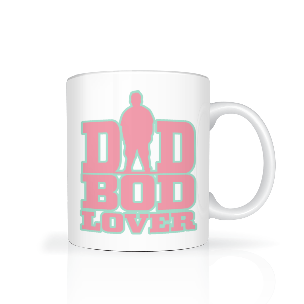 A white ceramic mug with a pink and mint green graphic that reads 'DAD BOD LOVER' with a silhouette figure integrated into the design, shown on a clean white background.