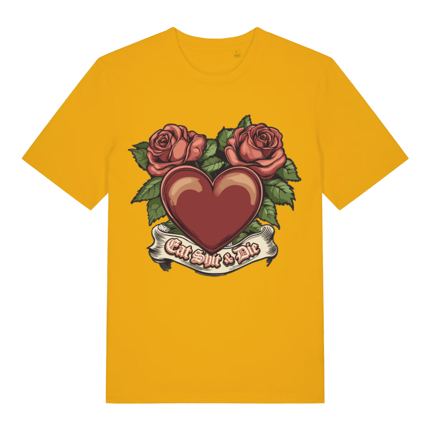 Yellow Eat Shit & Die T-shirt flat lay with vibrant red heart roses funny rude design