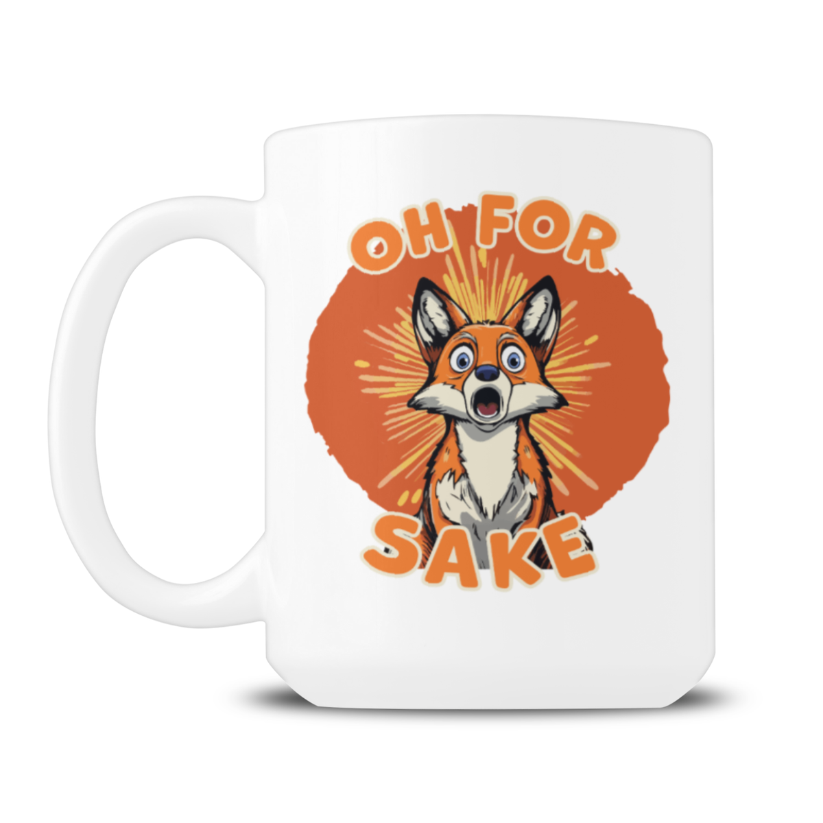 A white ceramic mug featuring a cartoon fox illustration with the text 'OH FOR SAKE' in orange, set against a clean white background.