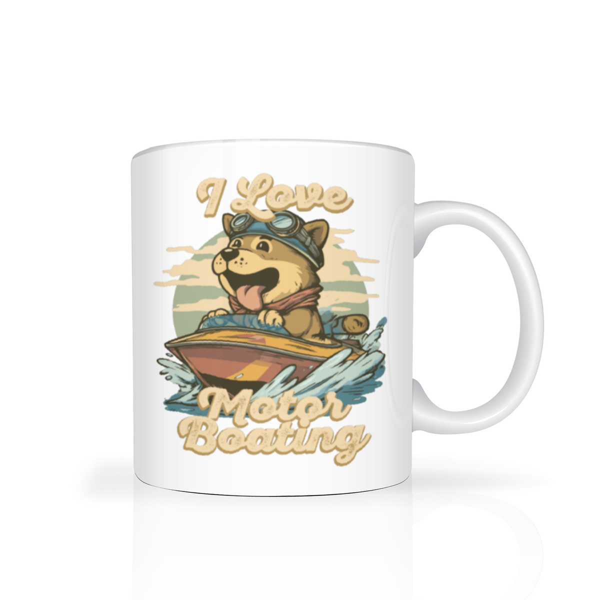 White ceramic mug featuring a cheerful, goggle-wearing dog in a motorboat, with the words “I Love Motor Boating”; playful, vintage tone.