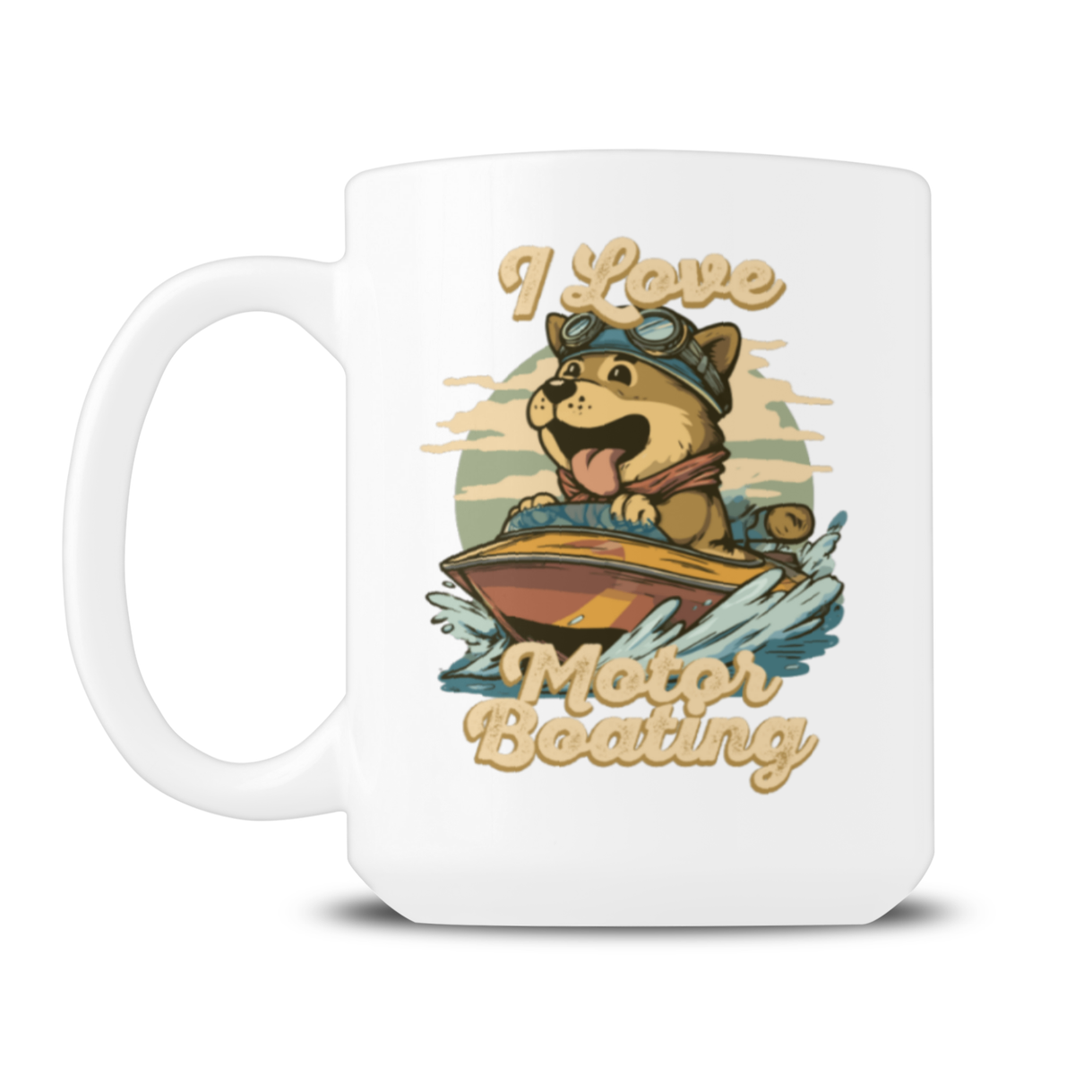 White mug featuring a cheerful cartoon dog in goggles piloting a speedboat through splashing water, with “I Love Motor Boating” text; playful, vintage style.