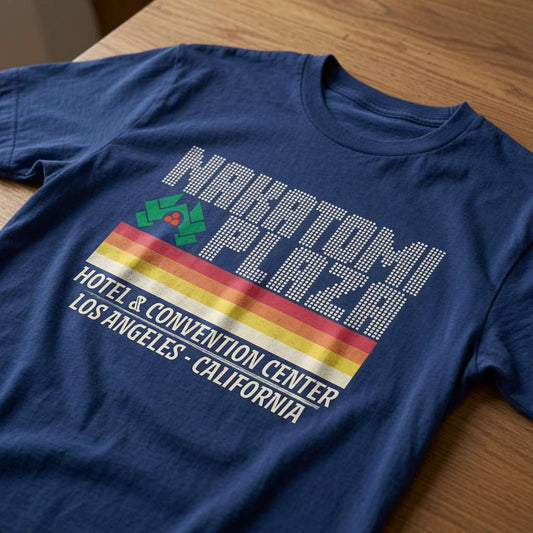 Blue Nakatomi Plaza t-shirt on wood, witty mens retro xmas film