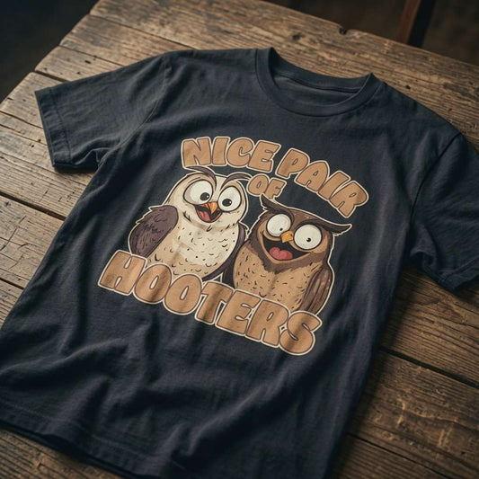 Dark grey t-shirt laid flat on a wooden table featuring two wide-eyed cartoon owls and the bold text “Nice Pair of Hooters”, classic cheeky owl pun design