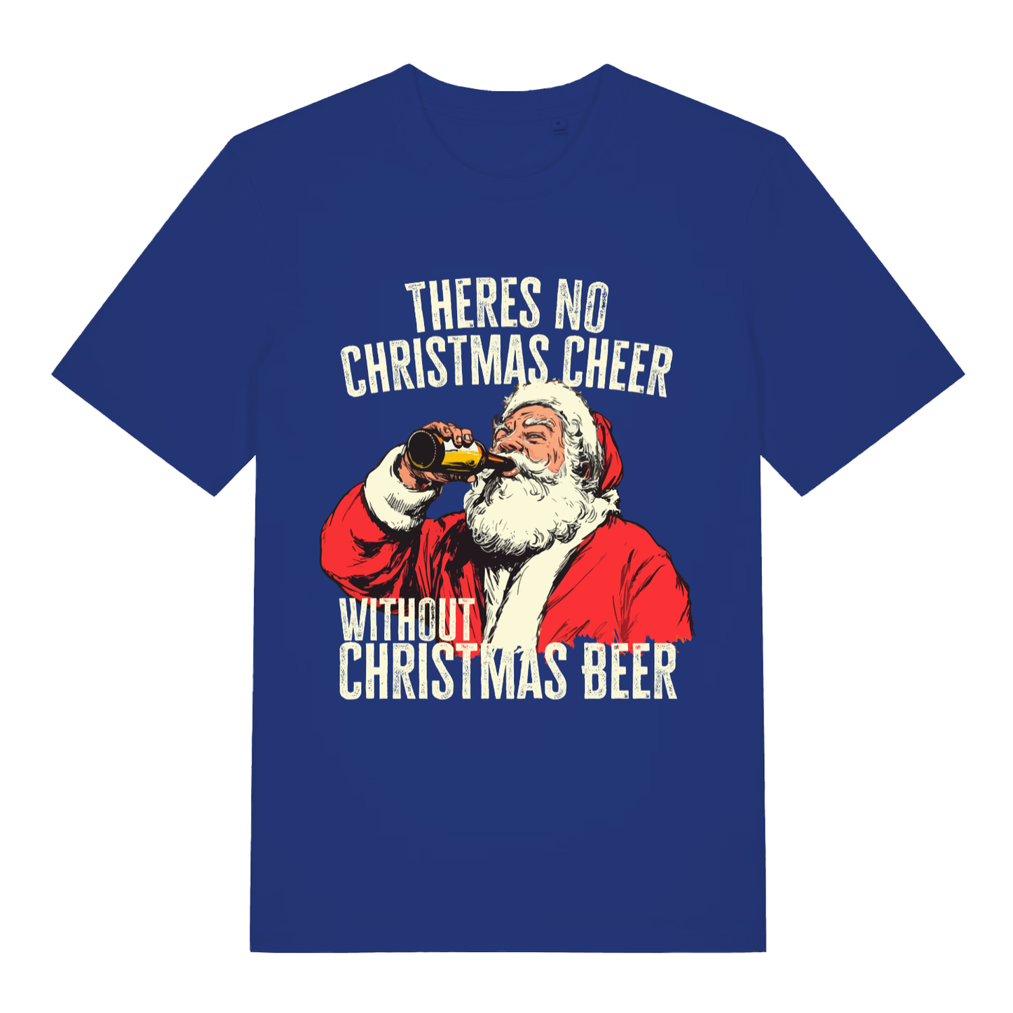 Blue Theres No Christmas Cheer Without Christmas Beer funny graphic t-shirt featuring festive Santa and bottle