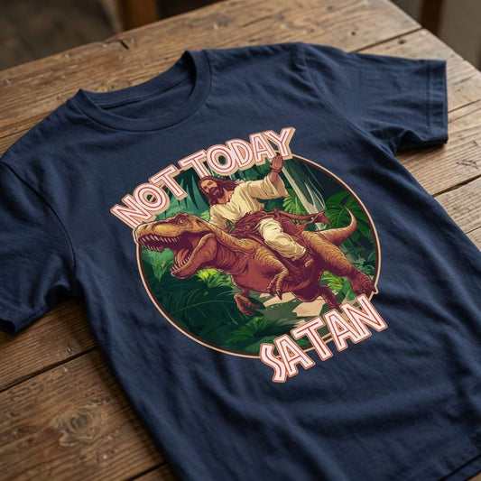Navy blue t-shirt laid flat on a wooden table featuring Jesus riding a roaring T-Rex through the jungle with the slogan “Not Today Satan”, witty and funny Jesus graphic design