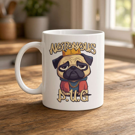 White ceramic mug on a sunlit wooden table, printed with a sleepy pug in a crown and robe beneath the playful text “Notorious P.U.G.”.