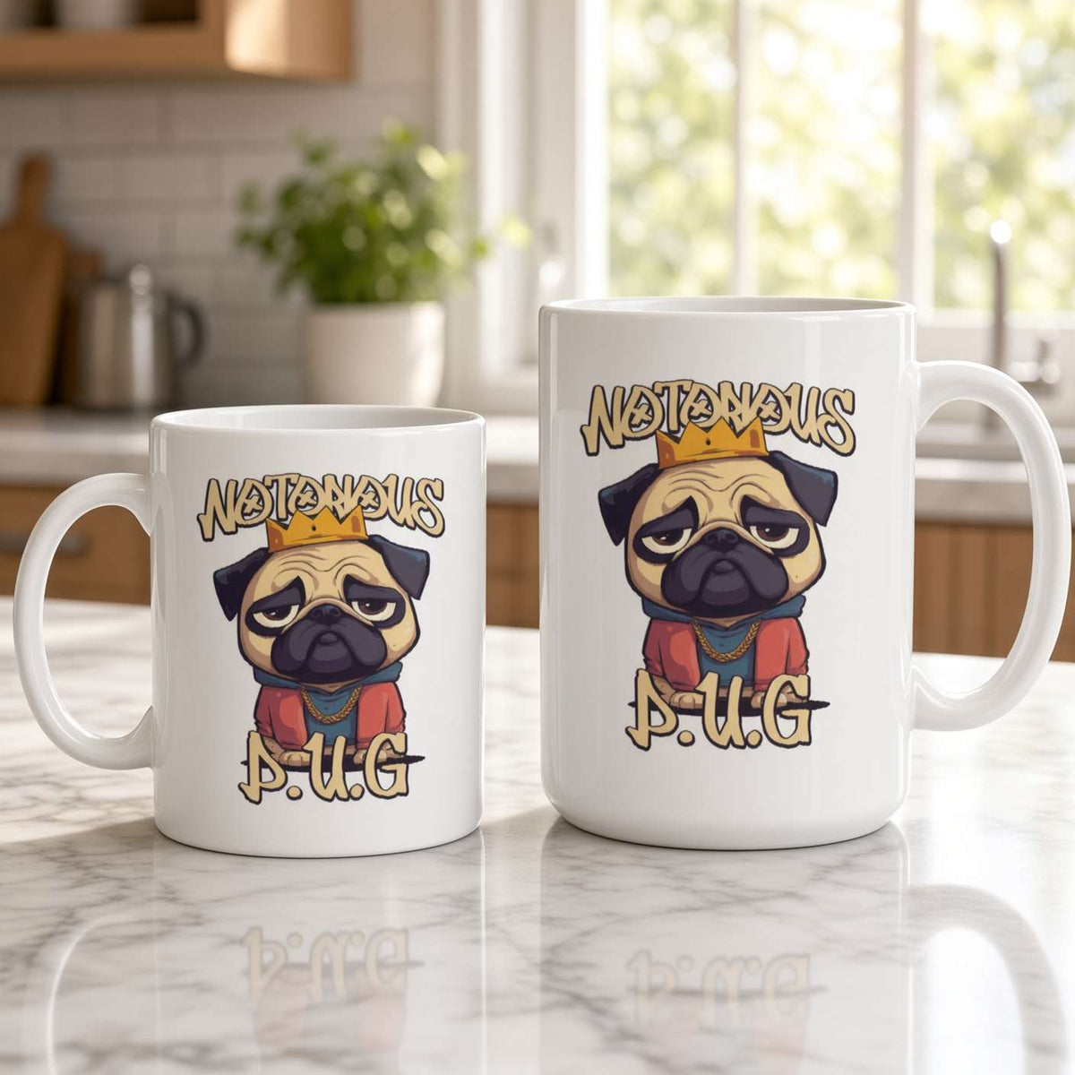 Two white ceramic mugs with a cartoon pug wearing a gold crown and the text 'NOTONOUS P.U.