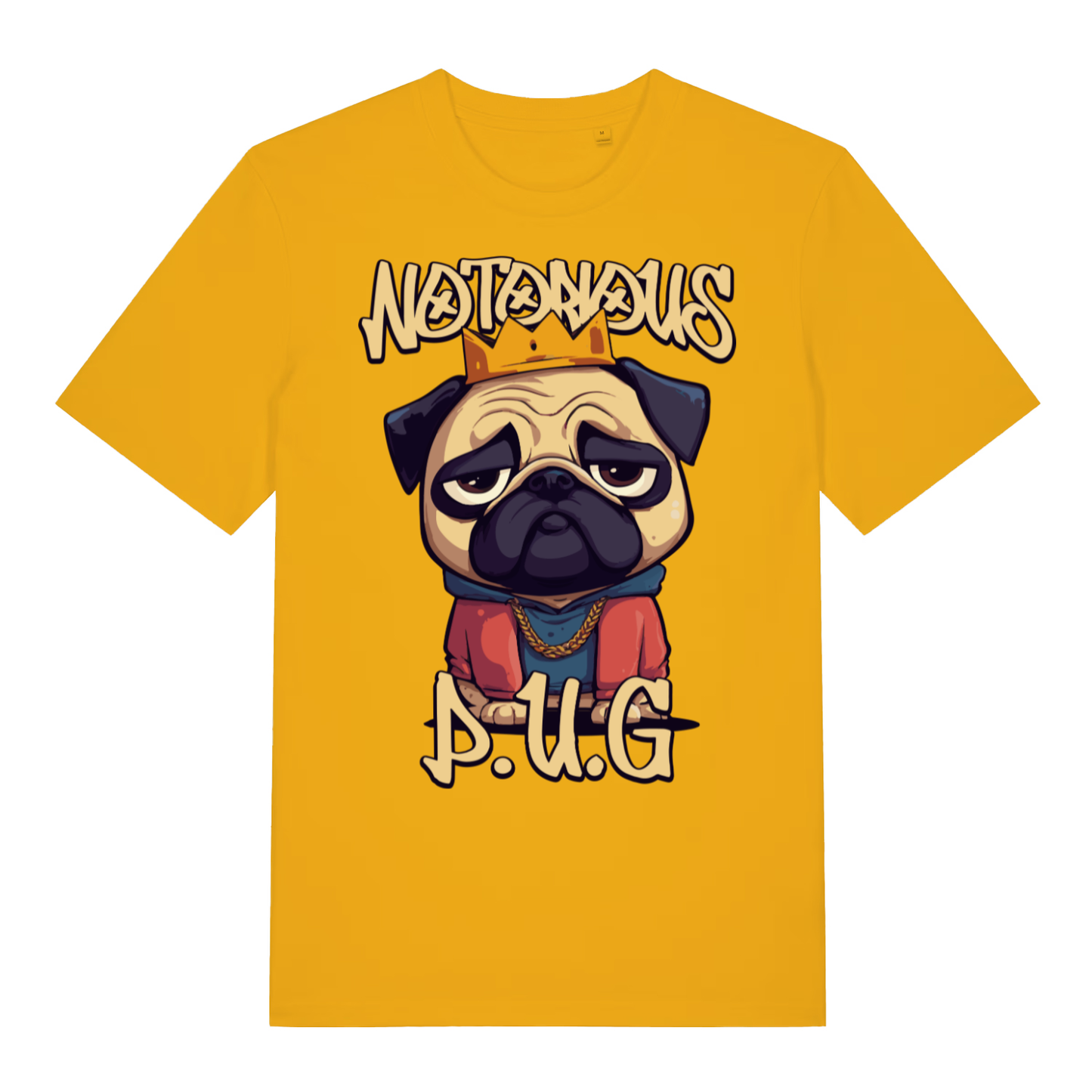 Yellow Notorious P.U.G funny graphic t-shirt showing legendary pug design