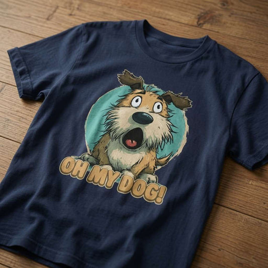 Navy blue t-shirt laid flat on a wooden table featuring a wide-eyed shocked scruffy dog and the slogan “Oh My Dog!”, funny and witty agnostic dog pun design
