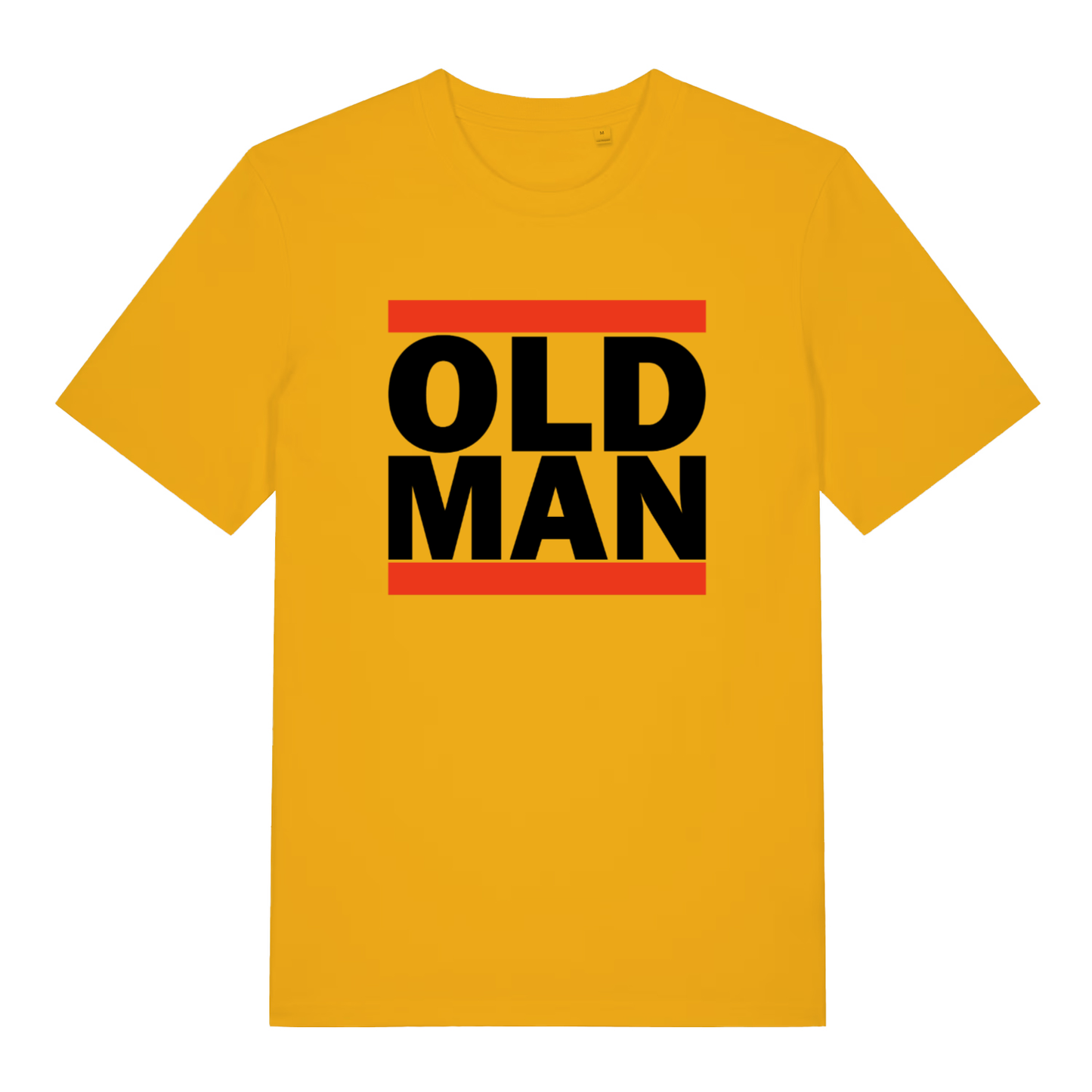 Yellow Old Man funny slogan t-shirt with red bar framed design