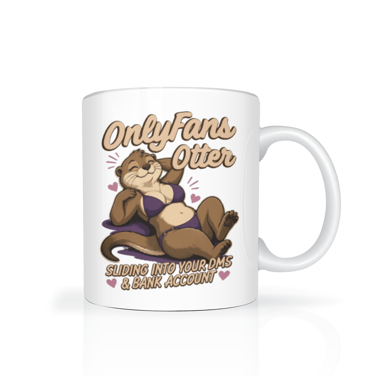 A white mug features a playful, curvy otter in a purple bikini, surrounded by pink hearts and the text “OnlyFans Otter” and “Sliding into your DMs & bank account.”