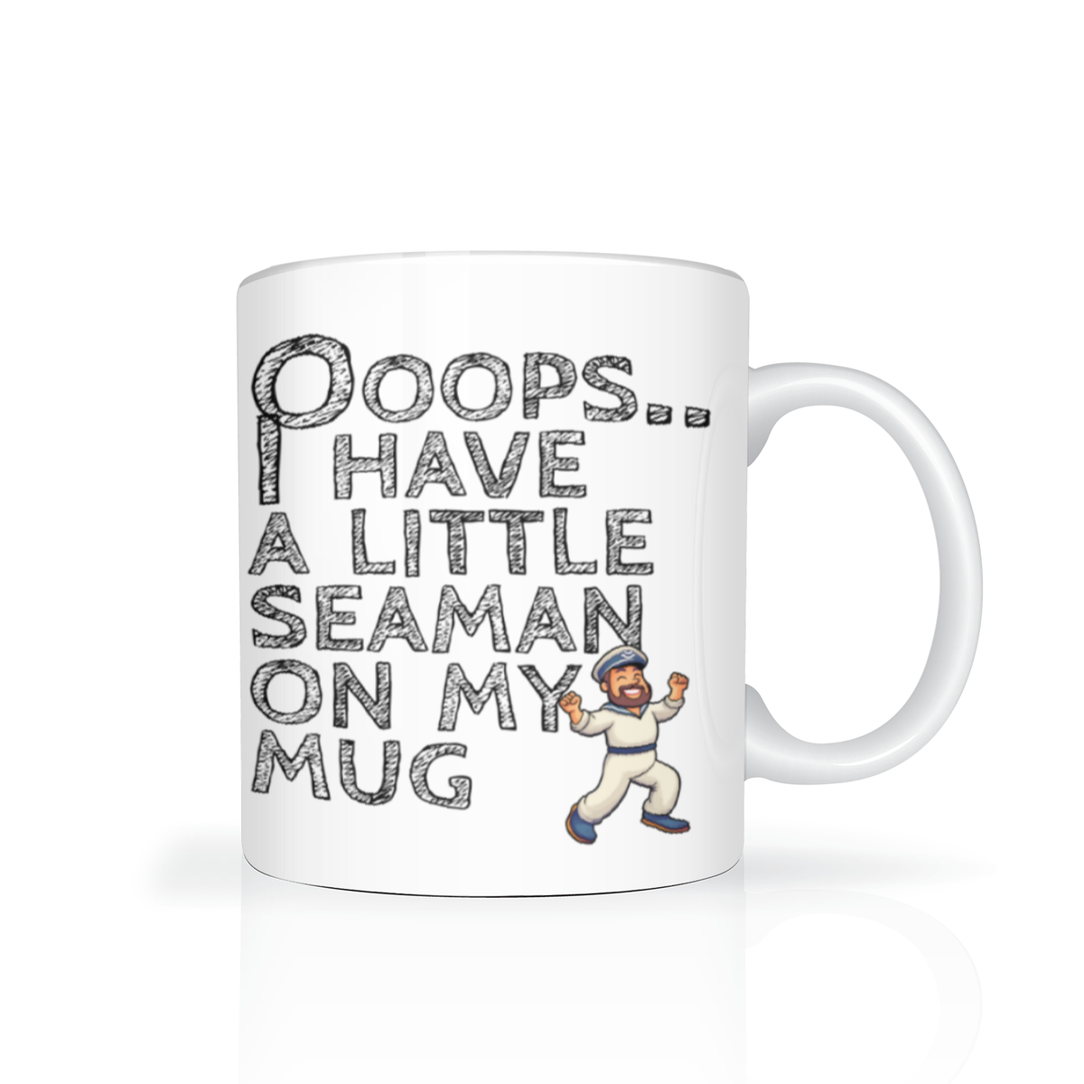 A white ceramic mug with a humorous graphic print that reads 'Poops.
