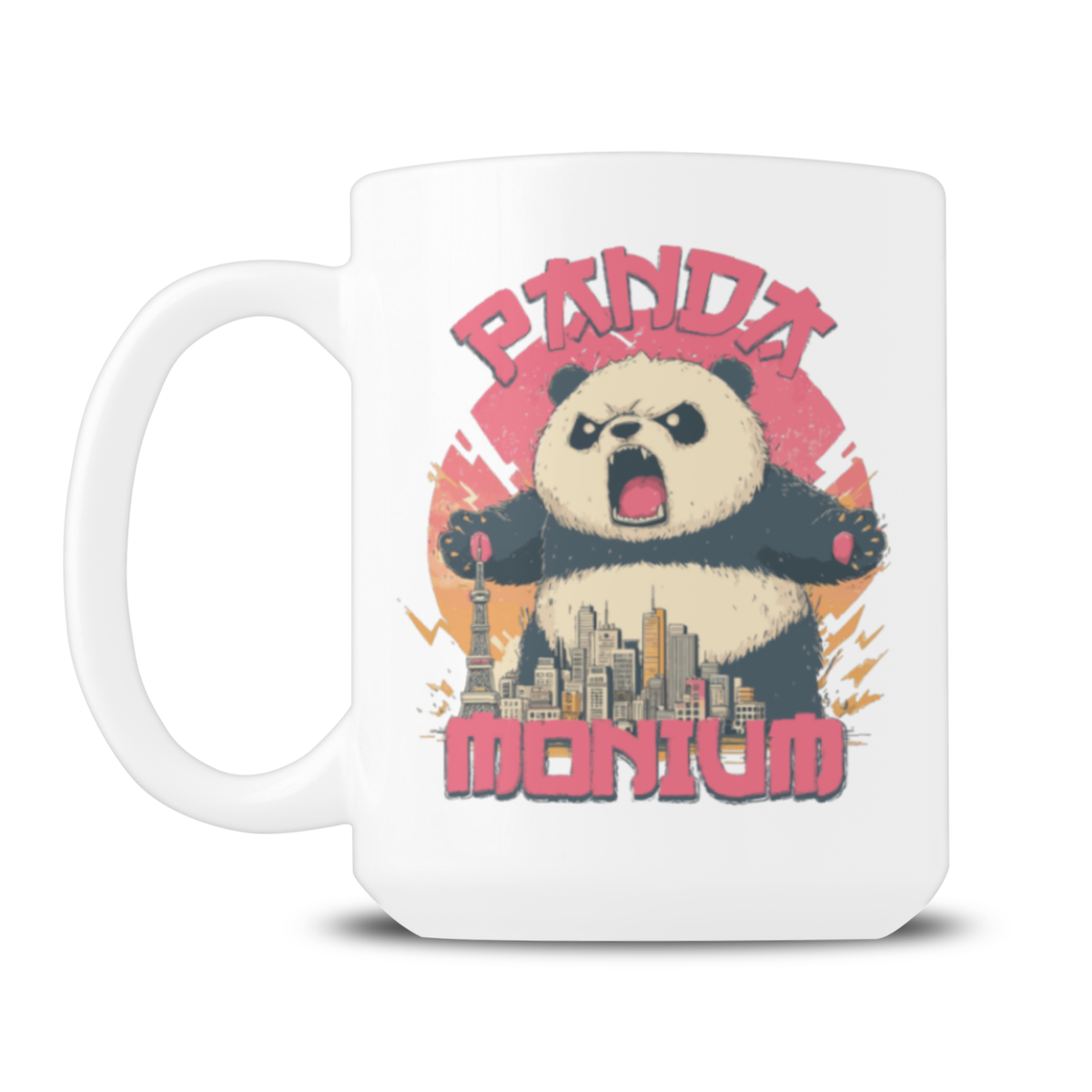 A white ceramic mug featuring a colorful graphic of an angry panda sitting on a city skyline, with the words 'PANDA MONUM' in pink stylized lettering.
