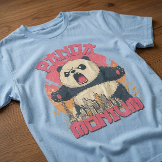 Sky blue Pandamonium t-shirt laid flat on a wooden surface showing the full angry panda destroying a city, funny witty panda pun ladies chaos design