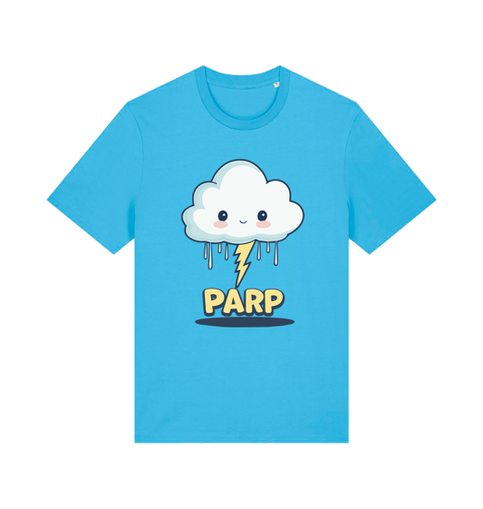blue kawaii t-shirt with the graphic of a thunder cloud and the slogan 'parp'