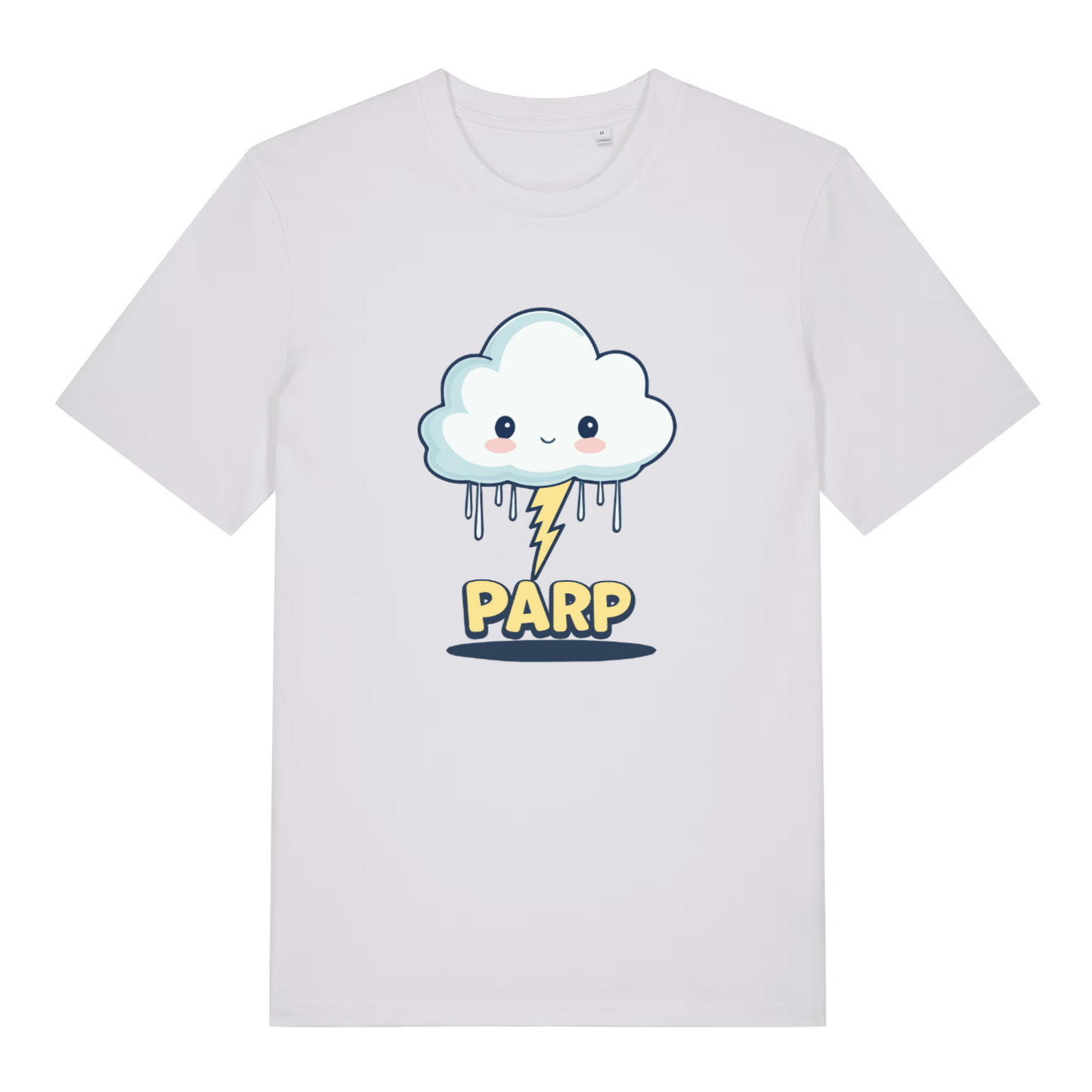 white kawaii t-shirt with a cute cartoon cloud and lightning design