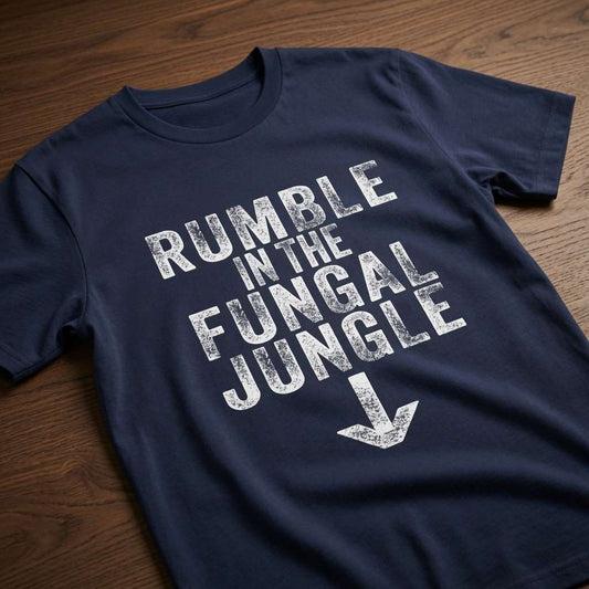 Navy Rumble in the Fungal Jungle t-shirt laid flat on a wooden surface with distressed white text and a downward arrow, fun mens witty offensive statement design