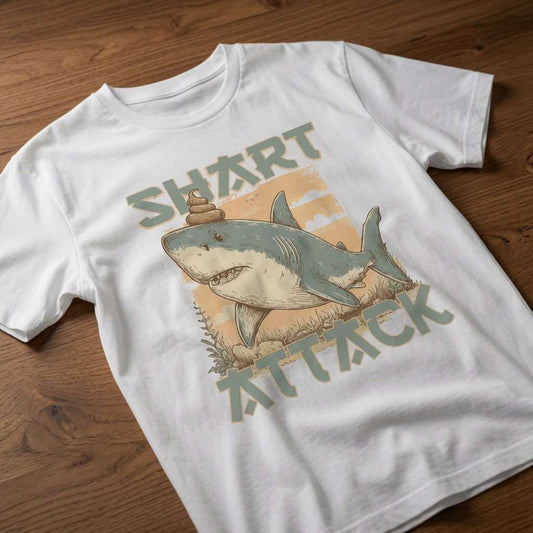 White Shart Attack t-shirt laid flat on a wooden surface showing the full shark graphic, funny and witty animal design that every cheeky lad will claim